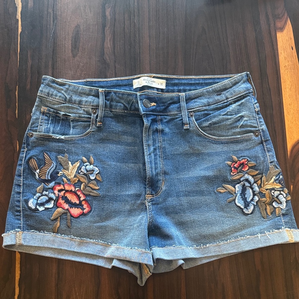 Abercrombie & Fitch Blue Jean Shorts with Floral Embroidery